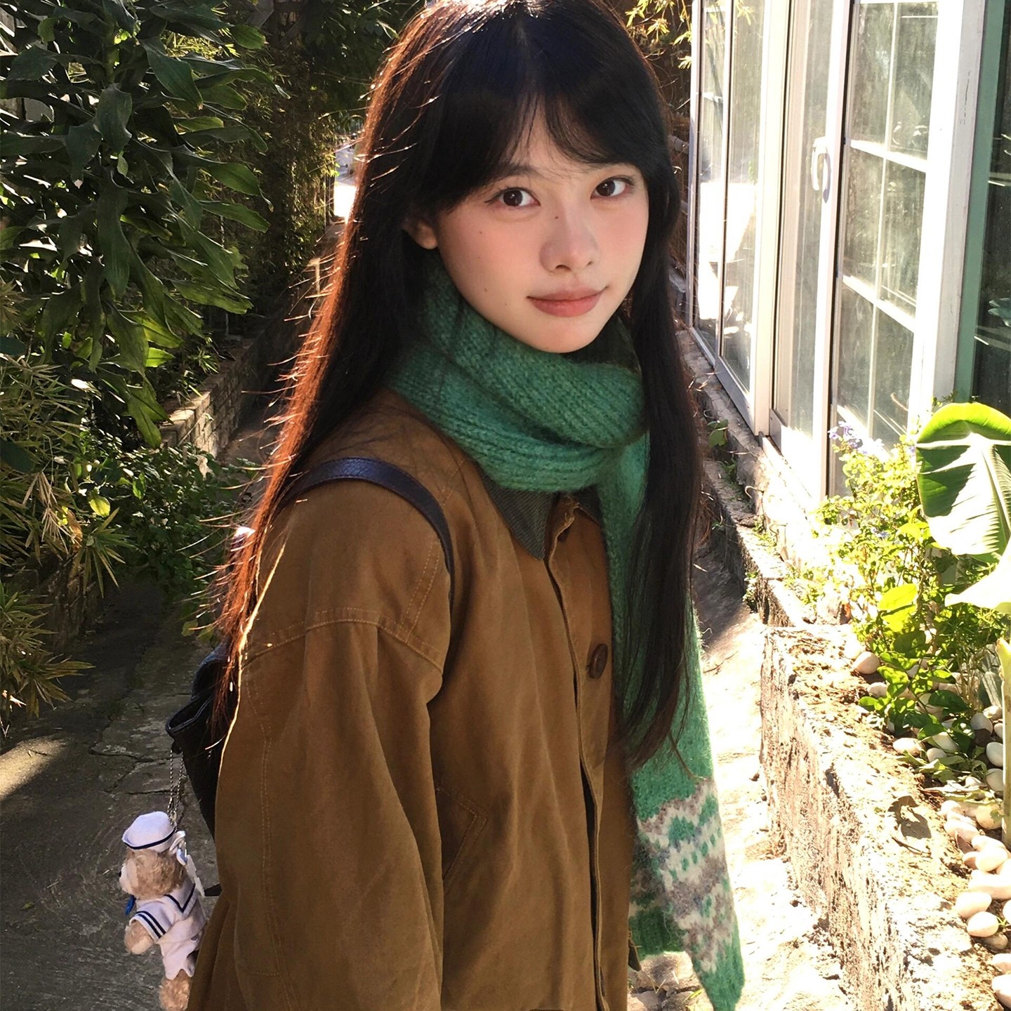 费尔岛圣诞节绿色条纹针织毛线围巾女冬季古早感加厚保暖围脖