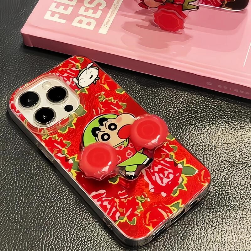 蜡笔小新二人转手机壳卡通东北大花袄旋转手绢支架适用于苹果15pr