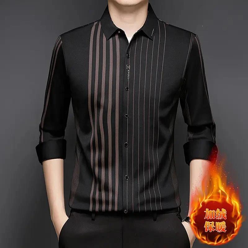 桌范轻奢c品质长袖加绒加厚对襟衬衫保暖不对称高档免烫条纹时尚