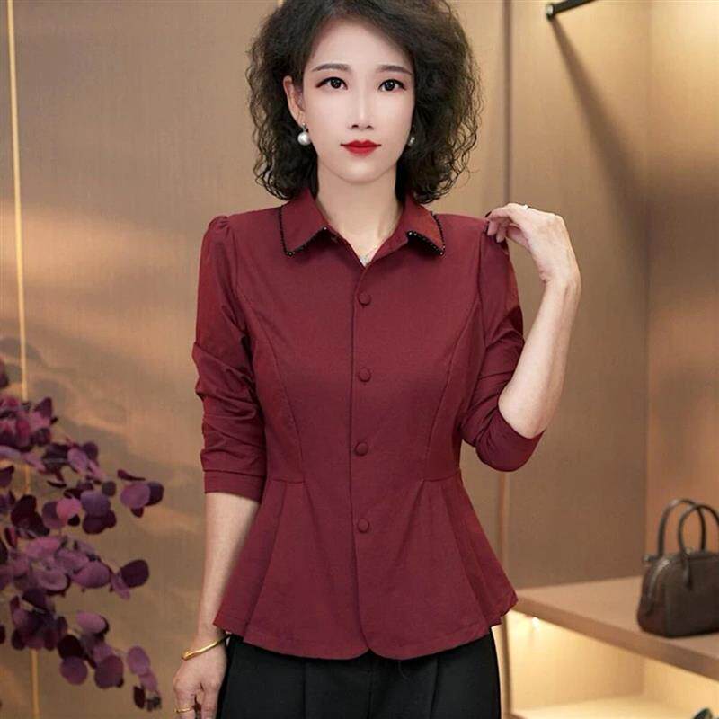 1袅婷服饰秋季新款翻领休闲气质百搭洋气减龄长袖女士衬衫上衣