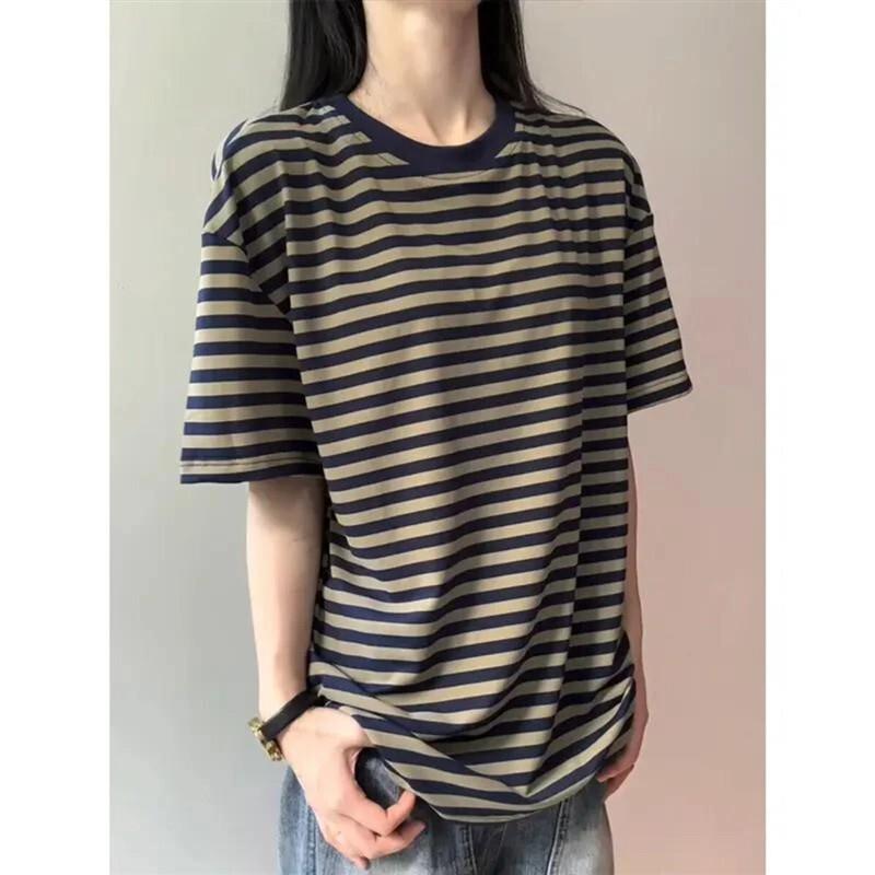 桑植服装店5轻奢男装条纹撞色短袖男夏季美式高街重磅运动t恤情侣