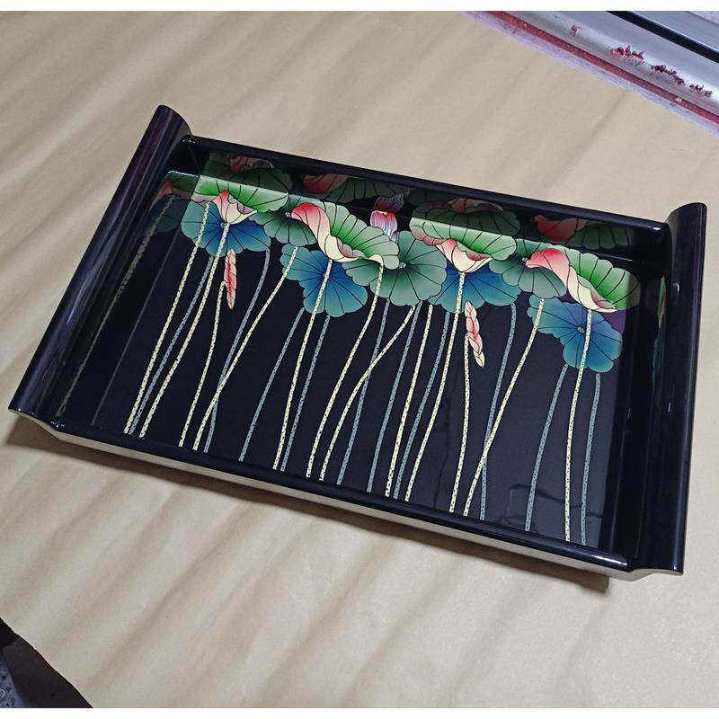 推光漆器手绘盘子木质贴金描金彩绘漆画双耳大托盘中式漆器茶餐盘