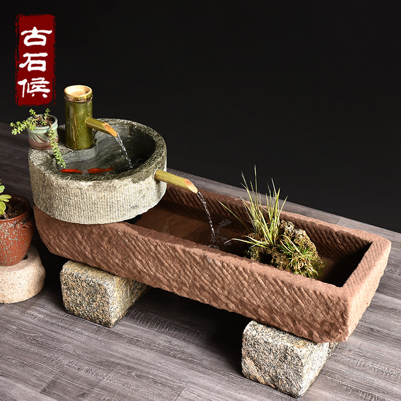 老石槽户外流水摆件庭院景观石磨水景旧石头鱼缸水槽阳台花盆造景