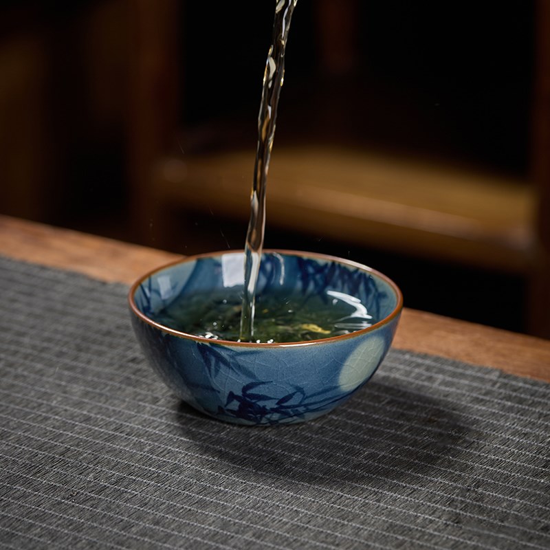 景德镇手绘青花月影竹林普洱杯主人杯功夫喝茶碗陶瓷茶杯功夫茶盏
