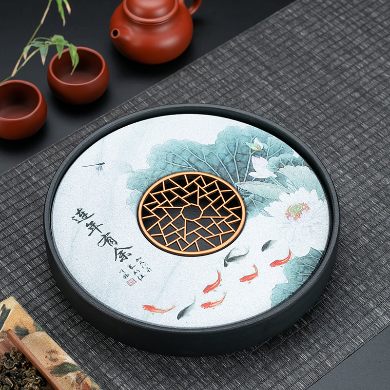 陶瓷圆形茶盘蓄水式茶海茶台镂空沥水盘家用干泡盘茶具托盘简易