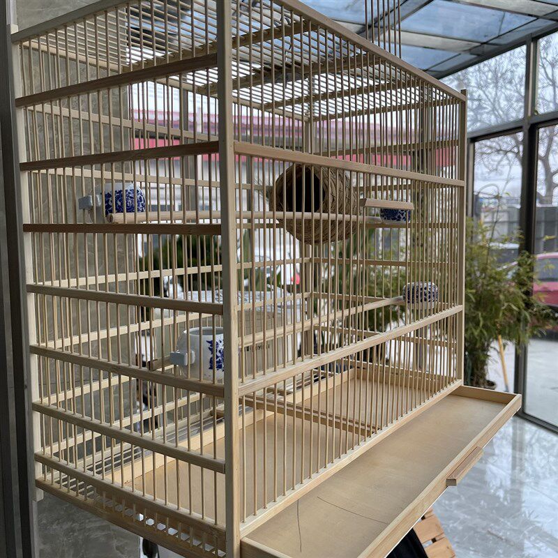 大号竹制鸟笼附配件文鸟黄鸟靛颏玉鸟养殖笼 安全飞笼可抽屉收纳