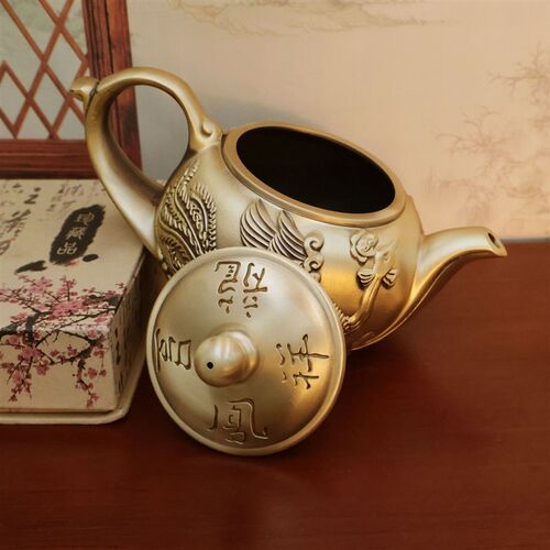 黄铜龙凤呈祥茶壶壶铜茶壶家居创意铜器摆件金属黄铜茶壶工艺品