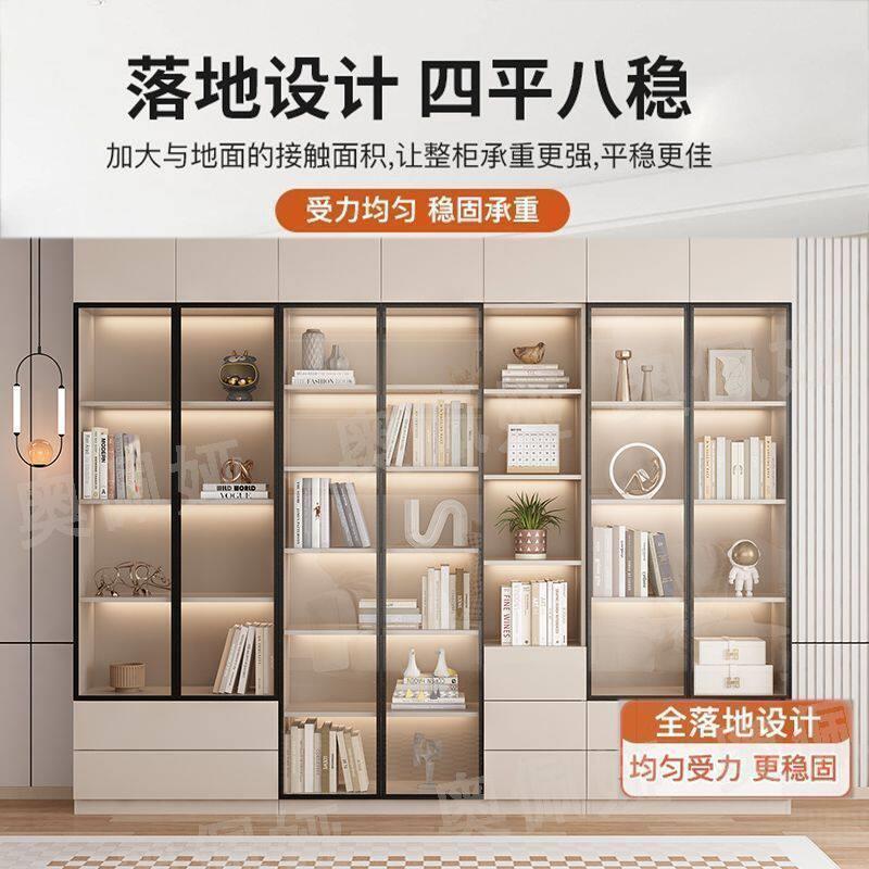 实木书柜带玻璃门书架现代简约置物架落地组合储物展示柜轻奢书橱