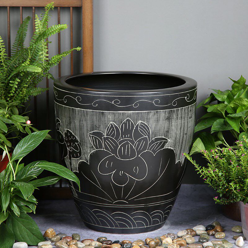 加高陶瓷古法养鱼插花盆画卷字画缸老式睡莲荷花水缸庭院客厅摆件