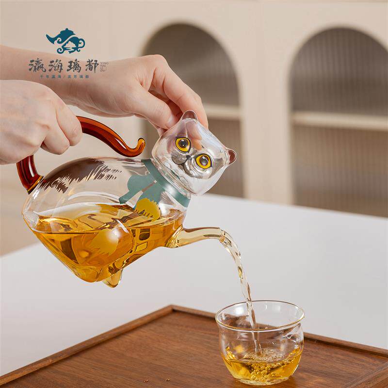 招财猫壶创意可爱一体耐热玻璃茶具套装礼品玻璃壶茶壶冷水壶