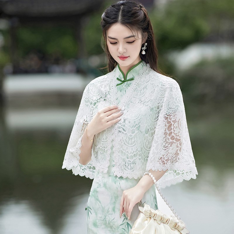 2025新款配旗袍披肩云肩汉服外搭蕾丝花边白色斗篷披风薄年轻款夏