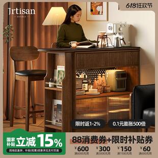 吧台隔断柜桌黑胡桃木色一体移动岛台日式 实木伸缩家用小吧台桌