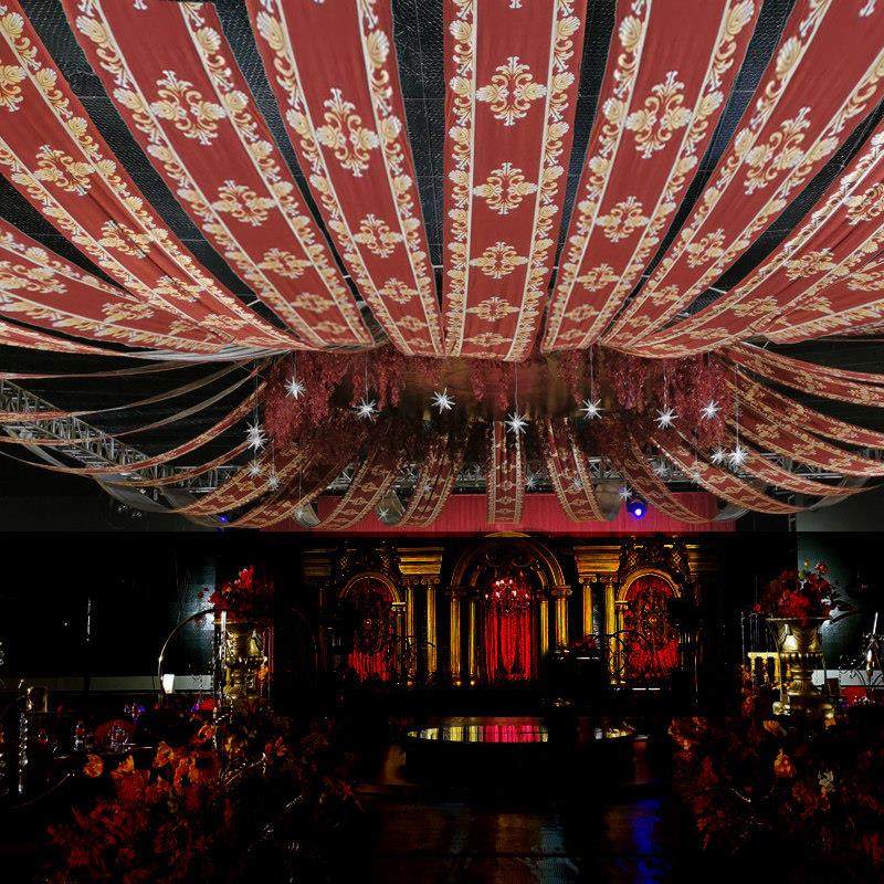 中式婚礼道具水墨画飘顶纱幔婚庆吊顶装饰卷轴画中国古风吊顶纱布