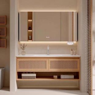 原木风格 藤浴室柜组合50cm宽50cm陶瓷集成面盆面盆柜定制