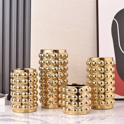 简约现代轻奢波点陶瓷花瓶花器珍珠花艺装饰器皿三件套直筒金银色