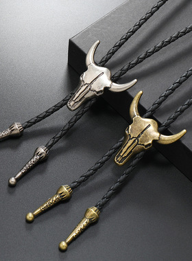 复古简约朋克风牛角合金长款PU绳波洛领项链新品潮流长款项链