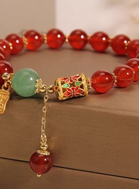 红玛瑙手链女小众设计感相思豆串珠转运珠红豆手串送女友闺蜜