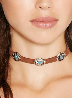 欧美时尚复古颈链金属花盘松石韩国绒项链choker波西米亚颈链颈圈