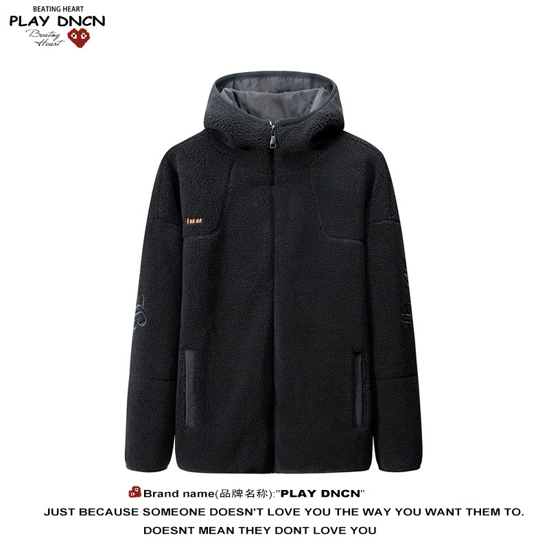 PLAY DCDN潮牌高街美式重磅宽松棉服连帽字母刺绣袖口包边羊羔绒