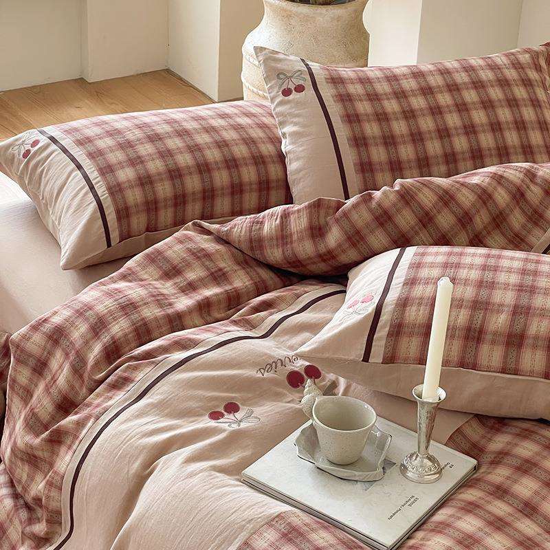 少女心全棉双层纱四件套可爱樱桃刺绣格子印花被套四季款床上用品