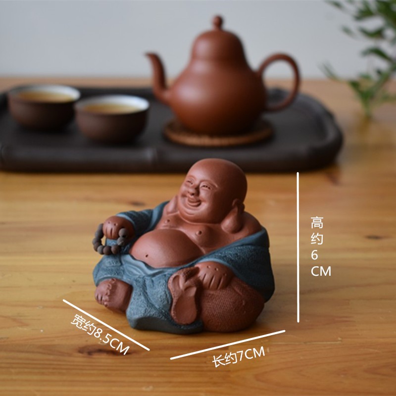 紫砂精品彩色发财弥勒佛如来佛陀笑面佛小和尚茶宠雕塑茶盘小摆件
