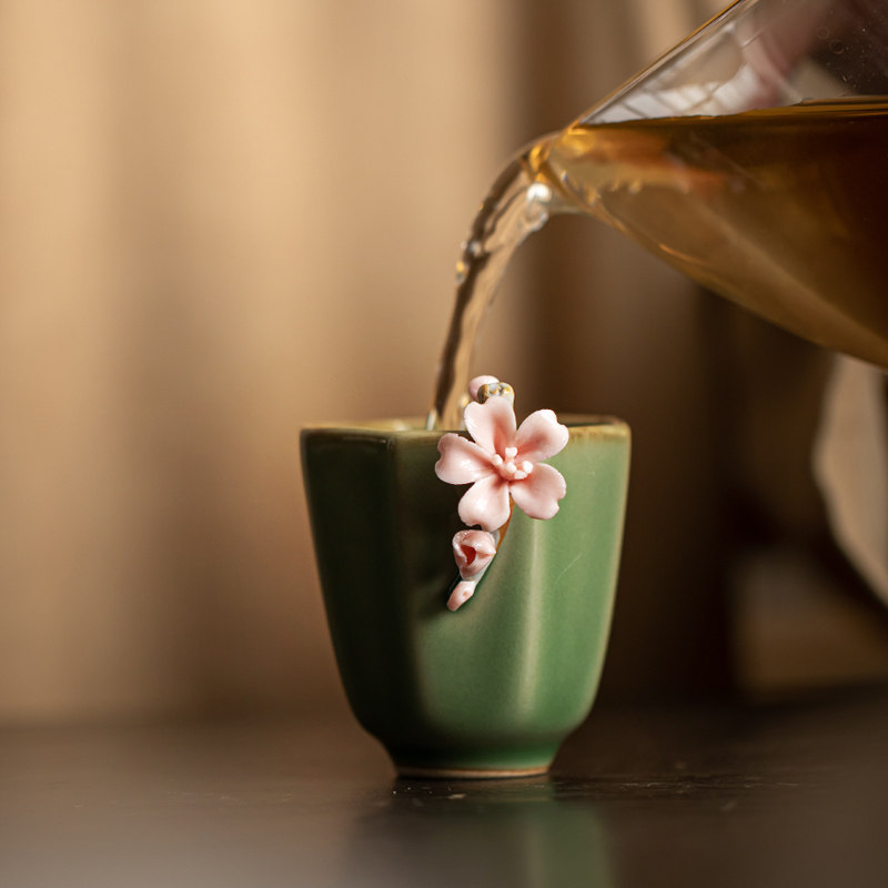 复古手工捏花主人杯单杯家用茶杯陶瓷品茗杯功夫茶具茶盏八角杯