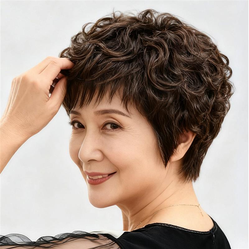 短卷发假发女真人发丝全头套中老年日常自然薄款辫子发全手织假发