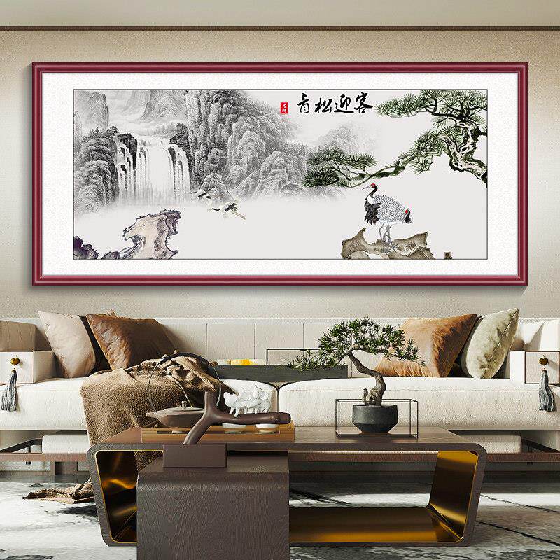 迎客松挂画客厅装饰画国画山水画办公室靠山图茶室沙发背景墙壁画