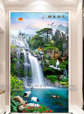 玄关瓷砖背景墙岩板微晶石大理石简约轻奢3d立体山水迎客松新中式