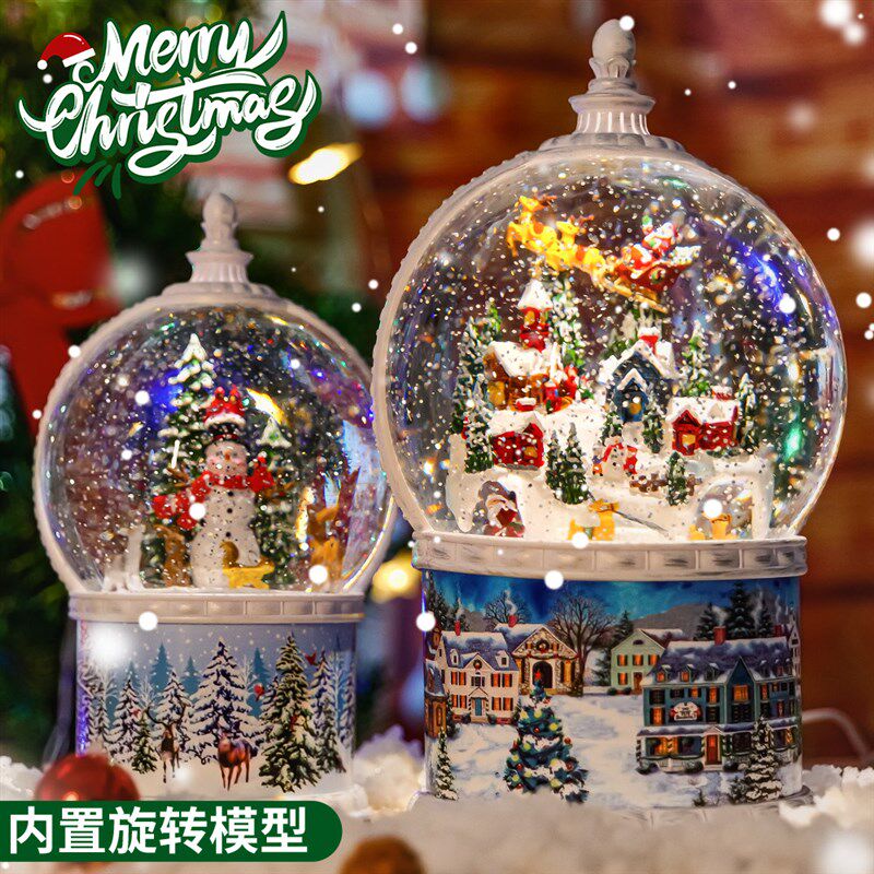 圣诞节水晶球灯飘雪花旋转音乐盒梦幻创意圣诞雪人摆件送生日礼物