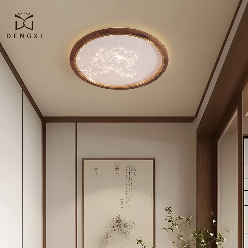 蓁蓁宋式美学卧室吸顶灯全铜新中式客厅灯黑胡桃木圆形led灯 - 实物图