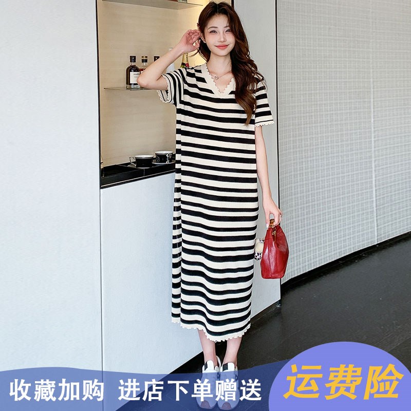 孕妇夏季连衣裙2025新款短袖条纹冰丝裙夏装V领孕期法式小个子女