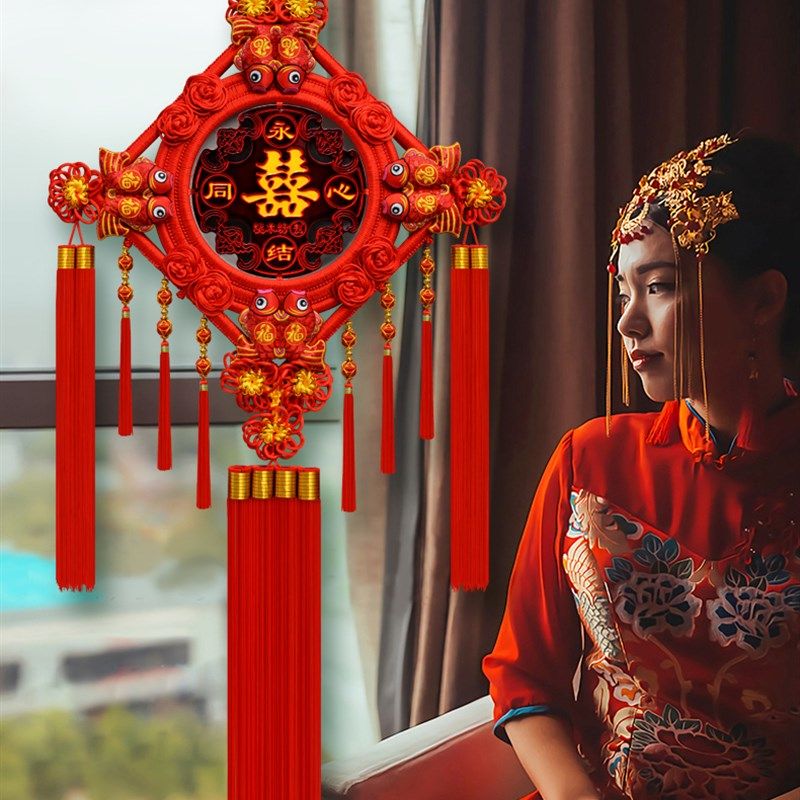 高档中国结喜字结婚挂件客厅大号桃木新房背景墙装饰布置婚庆礼品