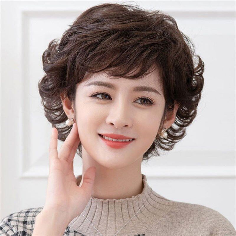 时尚妈妈假发女短发真人发中老年假发套古风短卷发翻翘假发全头套