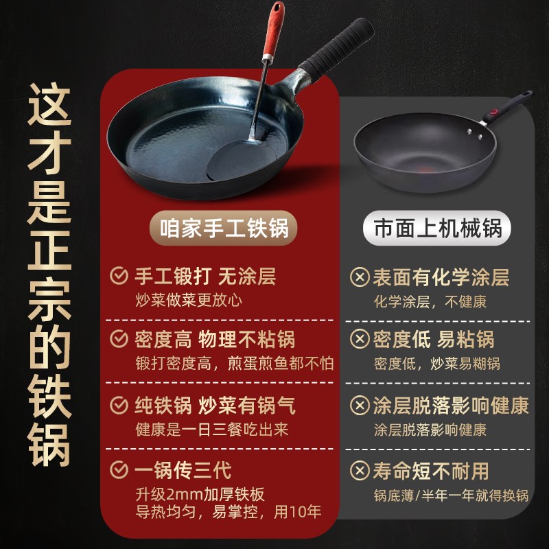 章丘平底锅家用煎锅烙饼牛排煎鸡蛋辅食小铁锅无涂层不粘锅电磁炉