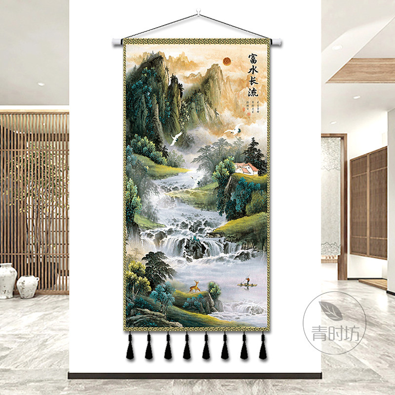 中式山水画挂布背景布流水玄关客厅书房隔断装饰挂毯定制布艺挂画
