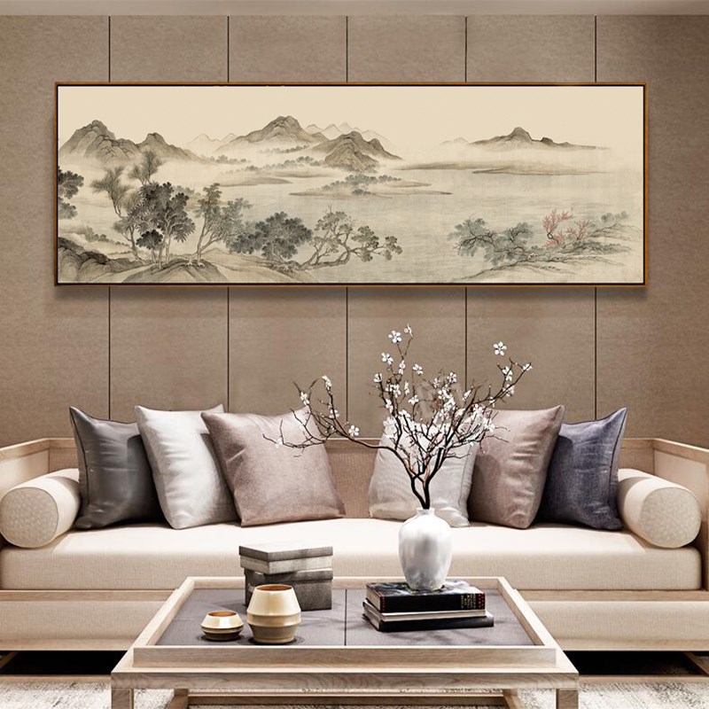 新中式沙发背景墙装饰画客厅风水靠山国画山水水墨挂画大尺寸壁画