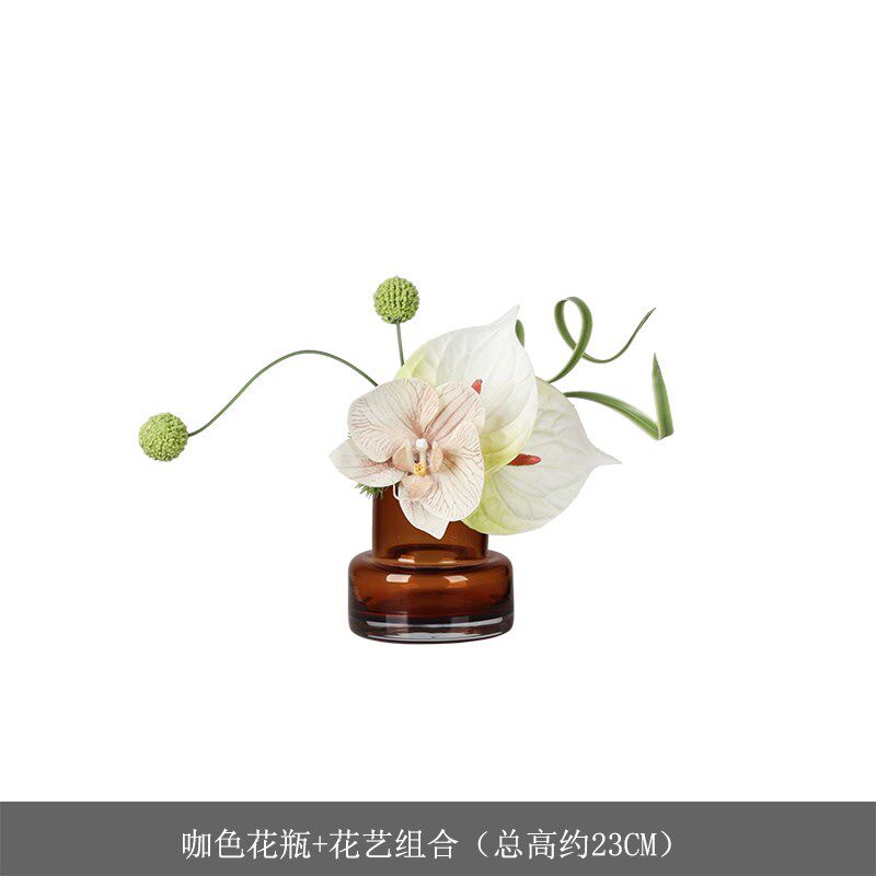 轻奢  现代玻璃花瓶仿真花咖色小花器洽谈桌茶几家居摆件桌花装饰
