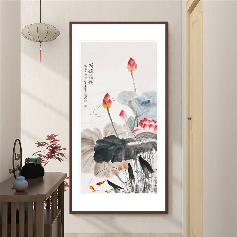 湖亭清夏水墨荷花新中式玄关画花卉装饰画入户走廊财务室挂画壁画
