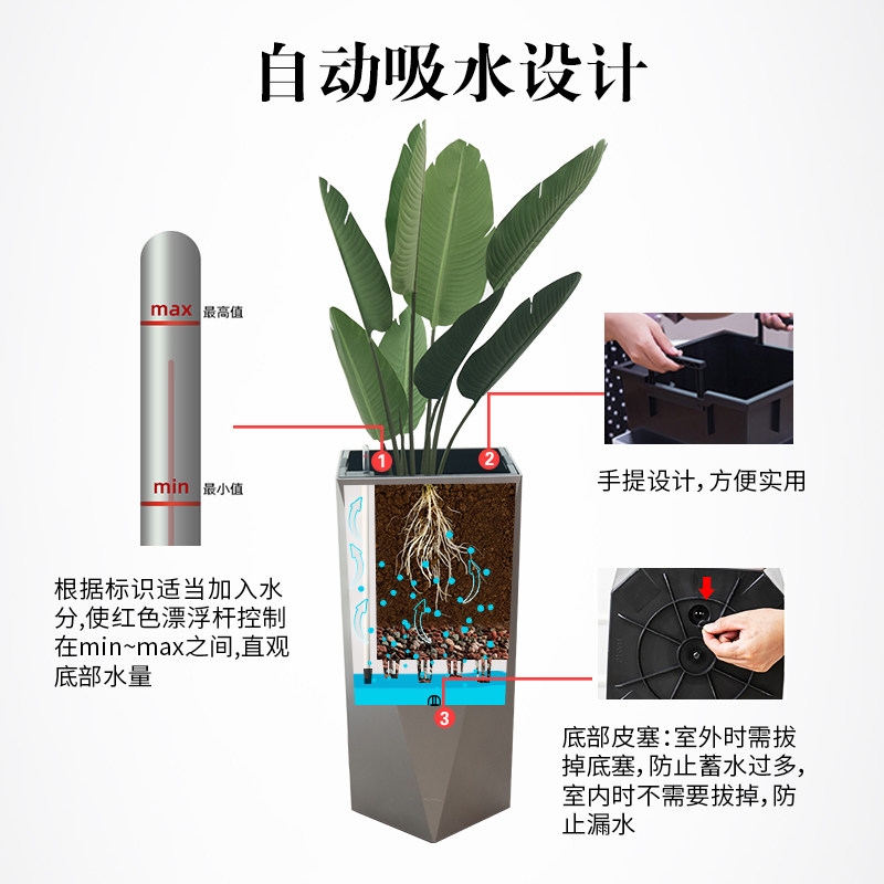 自吸水花盆懒人创意仿陶瓷简约北欧特大号几何轻奢客厅高花盆落地