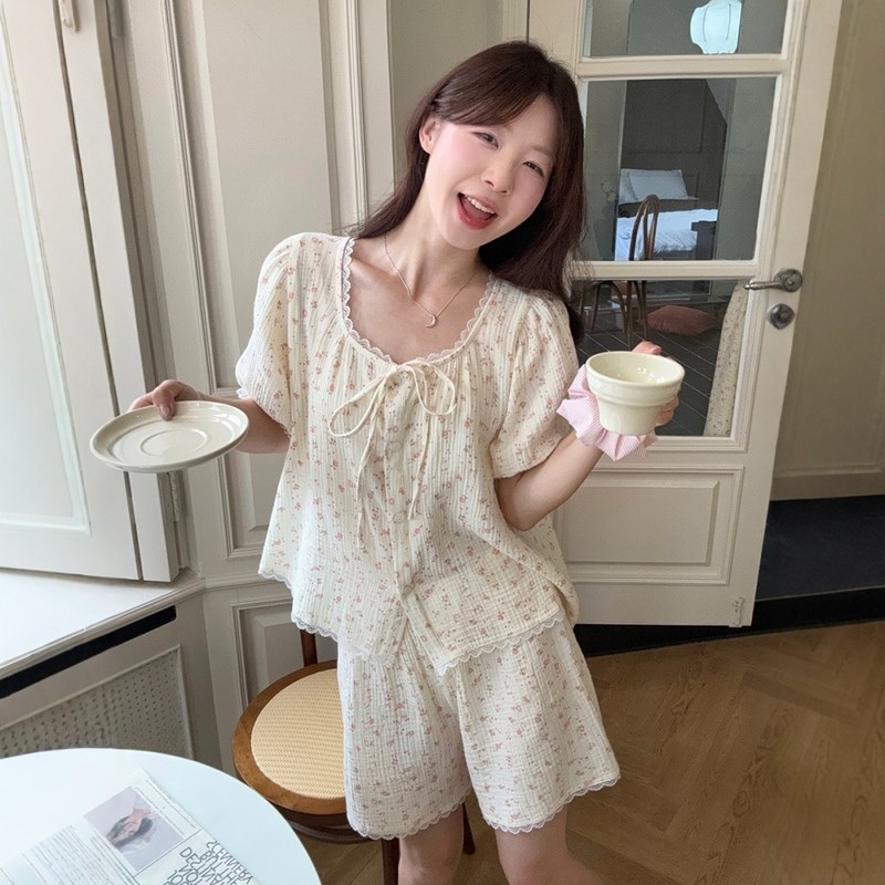 甜美碎花蕾丝边棉纱睡衣女款夏季休闲纱布短袖短裤两件套装家居服