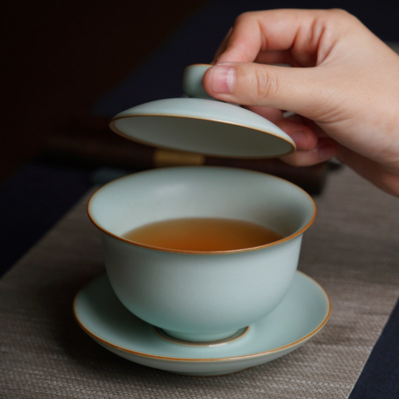 汝窑盖碗茶杯单个大号泡茶碗景德镇汝瓷三才杯手工陶瓷茶具冰裂釉