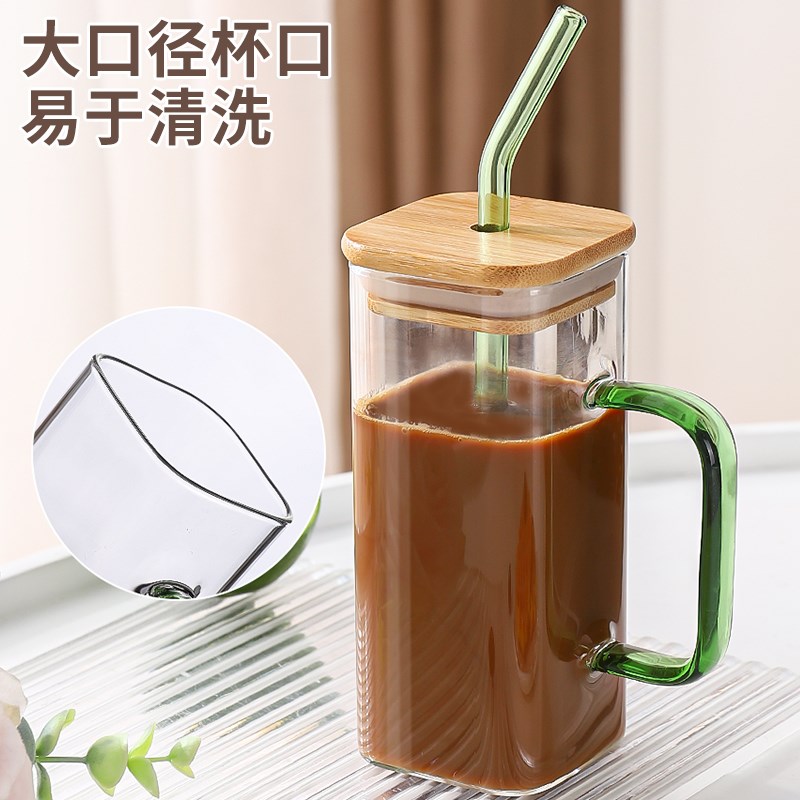 高硼硅方形玻璃杯带把手带盖家用耐高温高颜值2024新款吸管水杯女