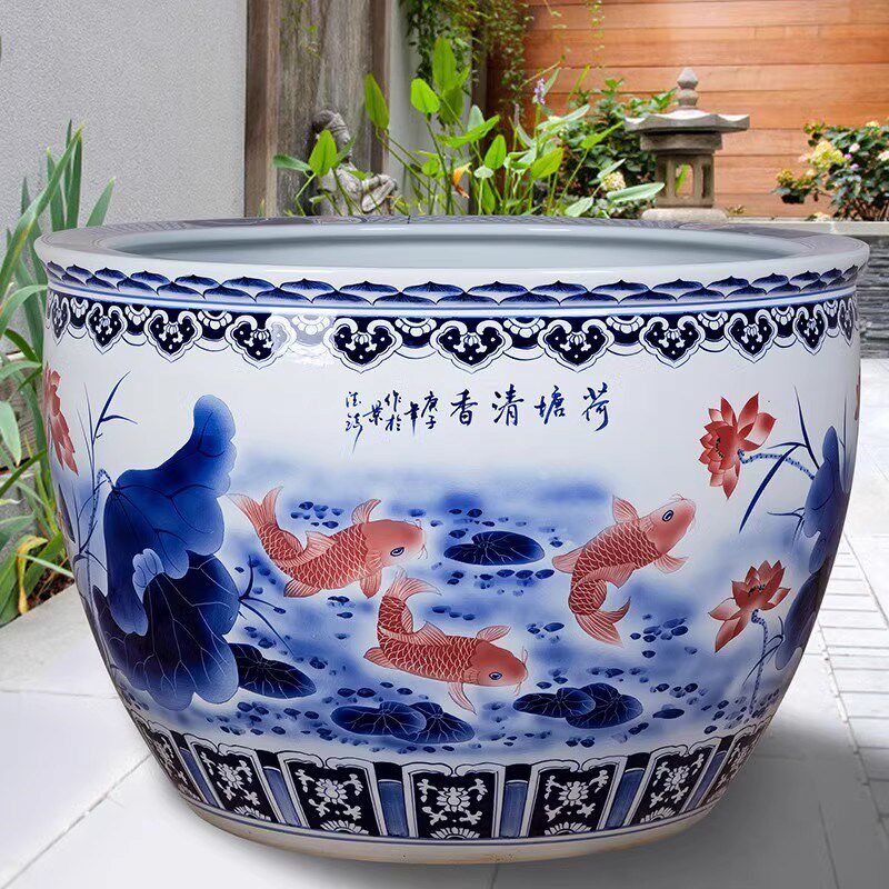 景德镇陶瓷大缸手绘青花庭院别墅室外阳台养鱼荷花睡莲大型摆件缸