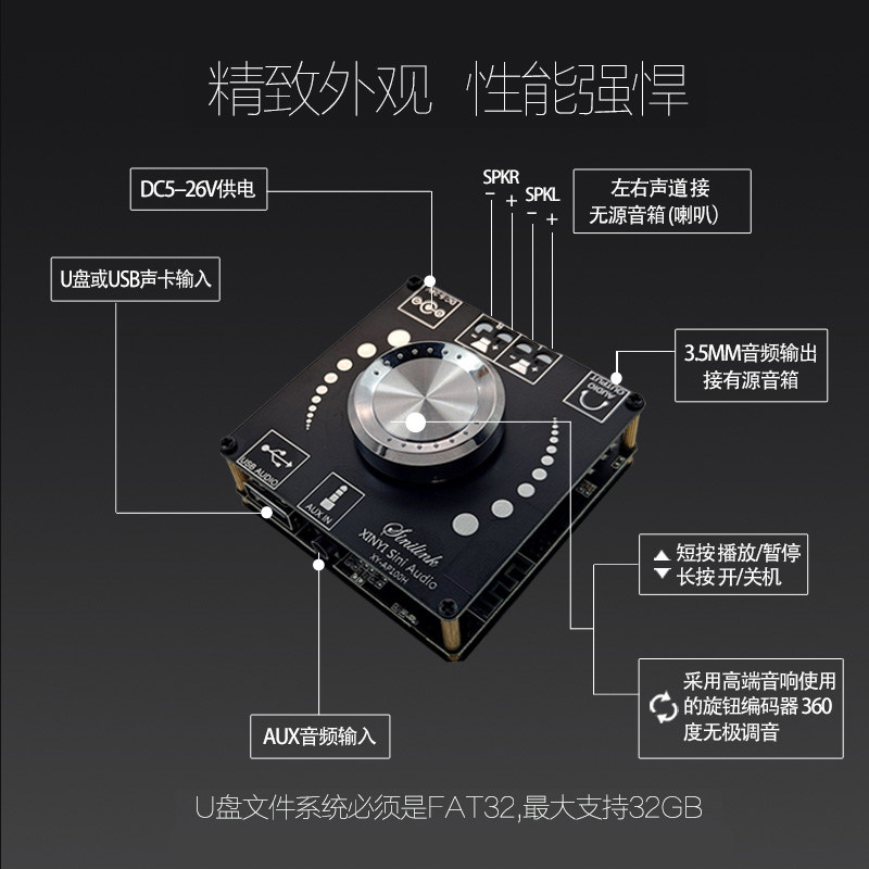 蓝牙音响模块带功放 纯数字D类100W hifi大功率12v通用双声道套件