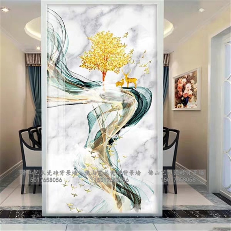 过道玄关画瓷砖岩板背景墙微晶石大理石雕刻立体抽象新中式发财树