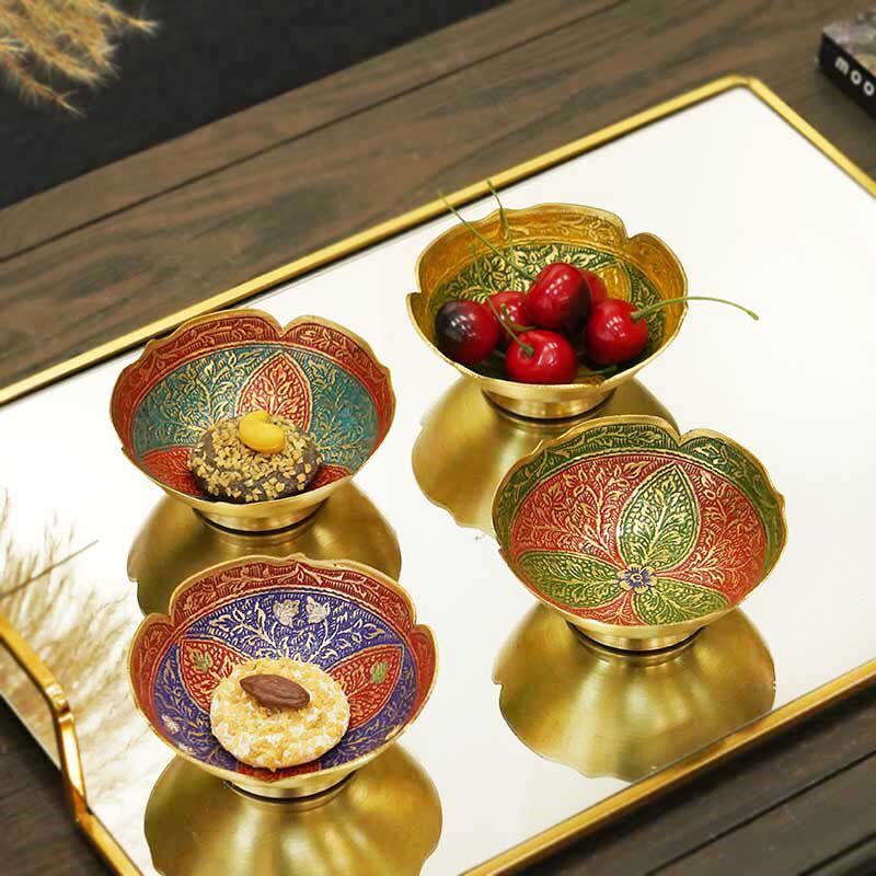 印度进口手工雕花彩绘黄铜碗艺术果盘收纳铜盘工艺品供果小号果盘