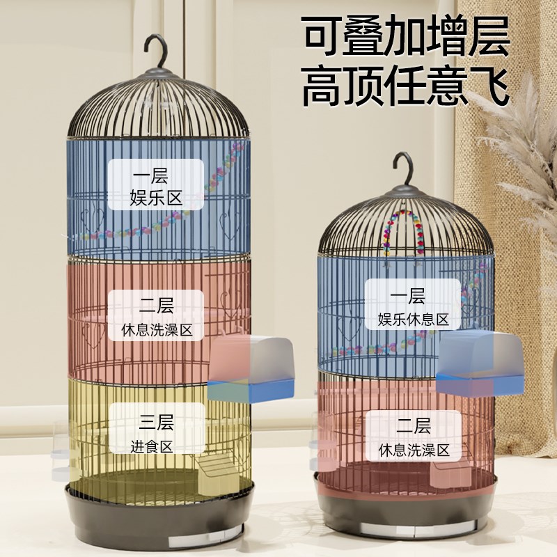 鸟笼鹦鹉笼子圆形金属笼虎皮玄凤专用大号大全豪华别墅小八哥笼子