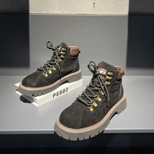 马丁靴男翻毛皮厚底增高铆钉系带短靴车缝线耐磨舒适透气中筒靴子