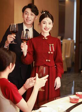 新中式旗袍敬酒服新娘红色回门连衣裙订婚礼服秋冬季长袖结婚便装